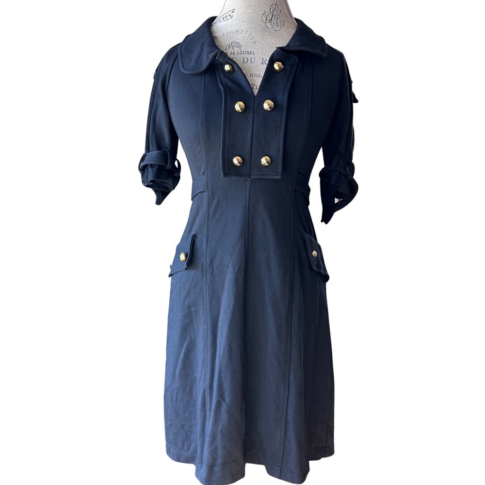 Yoana Baraschi Navy Midi Dress with Gold Buttons
